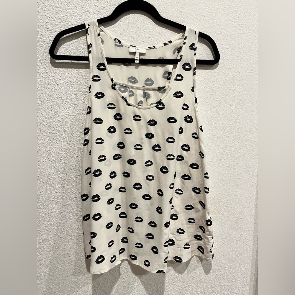 Joie Stylish Black and White Lip Print Silk Tank Top